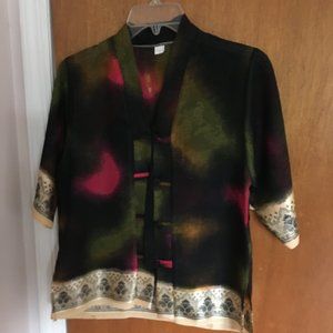 Chinese Style Black Top multipattern sheer top with cream border